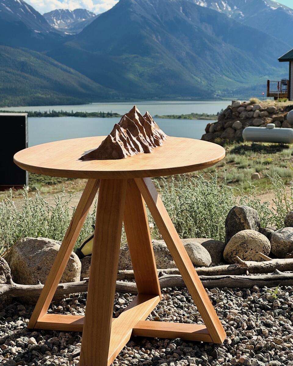 Cherry mountain side table with Twin Lakes and Colorado mountains in background